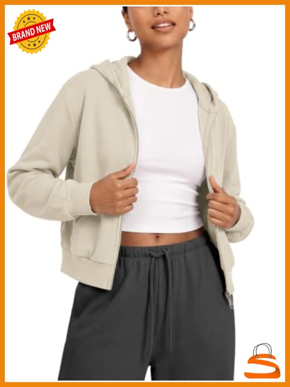 Stretch Fleece Full Zip Cropped Hoodie with Pockets